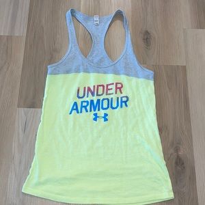 Under armor, yellow gray tank top, semi fitted extra small heat gear